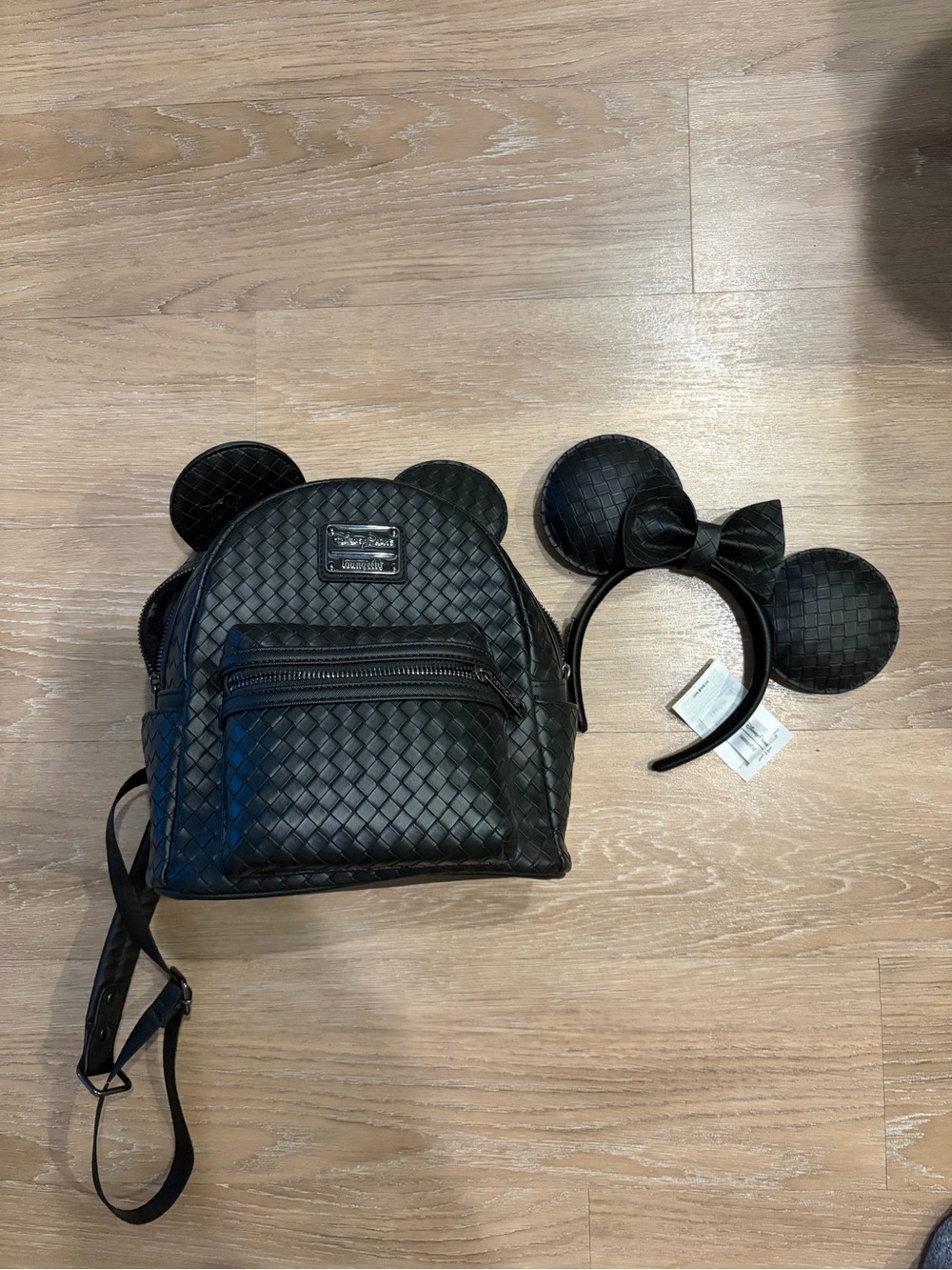 Disney Black Woven Faux-Leather Mouse Ear Backpack with Matching Bow Headband